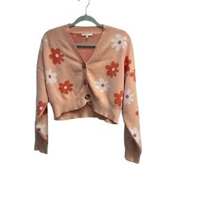 Bravely Cropped Sweater Cardigan Peach W/Flowers Size L